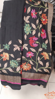 Сари черное с цветочным кантом, шелк, Индия